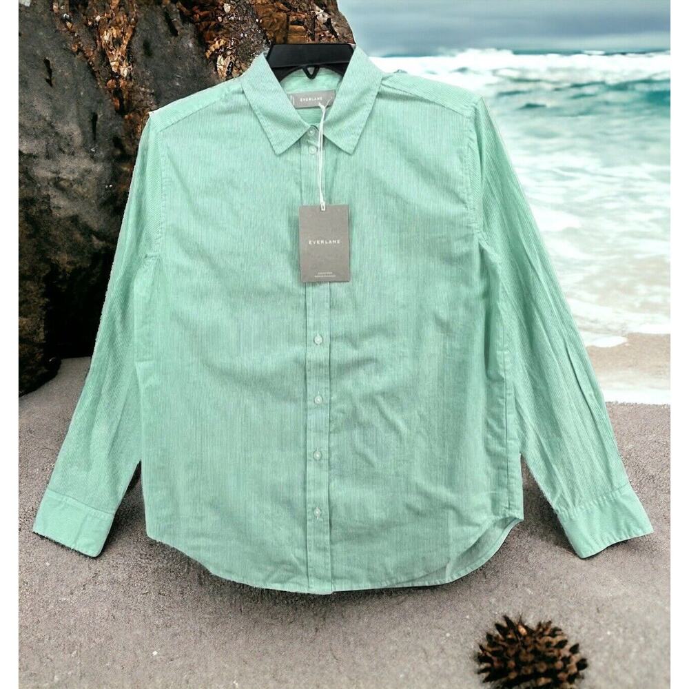 NEW Everlane Silky Cotton Striped Button Down Shirt Size 4 Mint Green Oversized